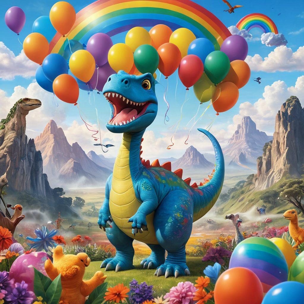 A whimsical, cartoonish dinosaur named Rex, smiling broadly and surrounded by colorful balloons and playful animals in a vibrant kingdom. Sunshine beams down over a lush landscape filled with flowers and a rainbow arching across the sky, embodying joy and laughter. Capture the playful atmosphere with bright, cheerful colors and a sense of movement. cartoon style. vibrant colors. white background.