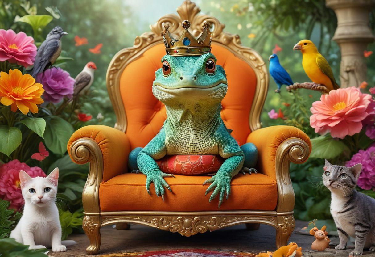 A whimsical depiction of Rex the Tyrant Lizard King, wearing a tiny crown, joyfully perched on a colorful throne surrounded by various happy pets like dogs, cats, and birds. Incorporate vibrant decorations and playful elements like toys and treats, showcasing the theme of happiness and companionship. The background should feature a sunny, enchanted garden setting, with lush greenery and blooming flowers. super-realistic. vibrant colors. bright background.